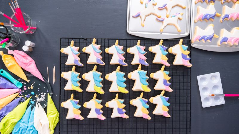 image of unicorn shaped decorated sugar cookies